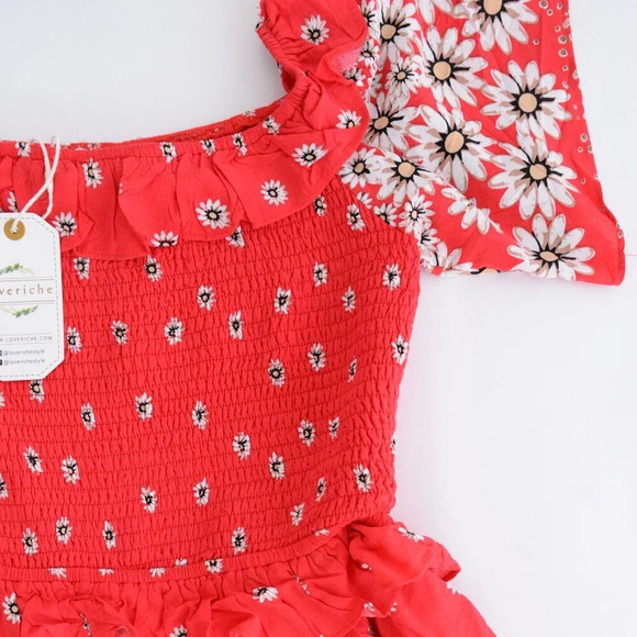 Loveriche Red Floral Smocked  Bodice Fit Flare Summer Sun Mini Dress M - Picture 8 of 13